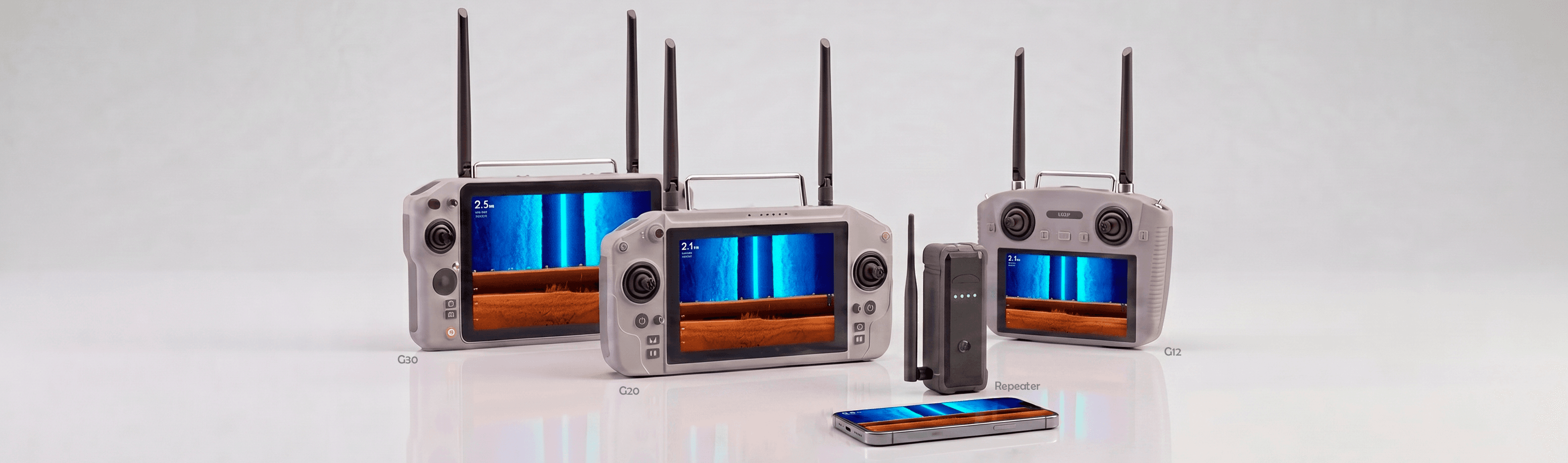 Familia de control Nuntius: mandos Skydroid G12, G20 y G30, repetidor y app en el móvil