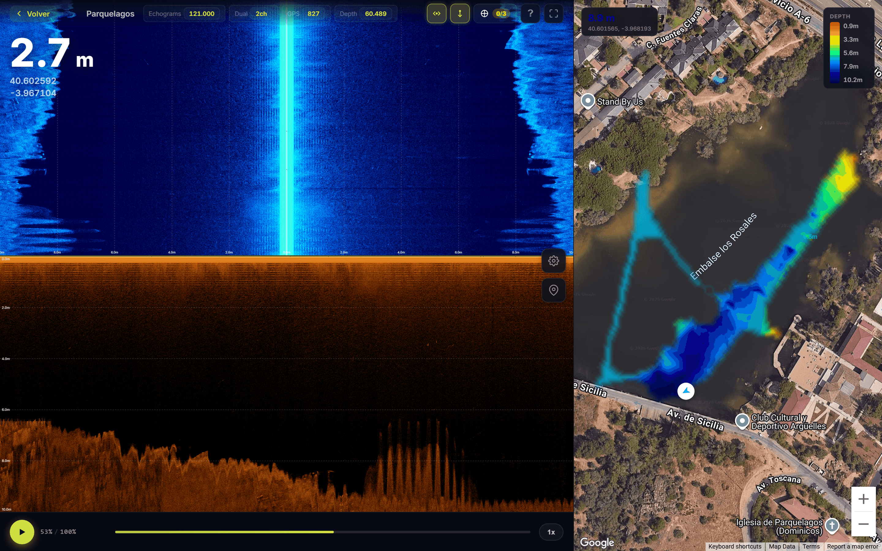 Visor Horizon Sonar mostrando echograma azul side scan, lectura down view en naranja y mapa batimétrico de un embalse