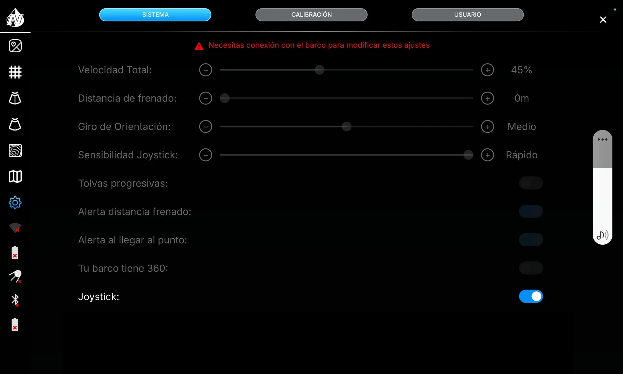 Panel de ajustes de la app Nuntius: velocidad, distancia de frenado y sensibilidad de joystick