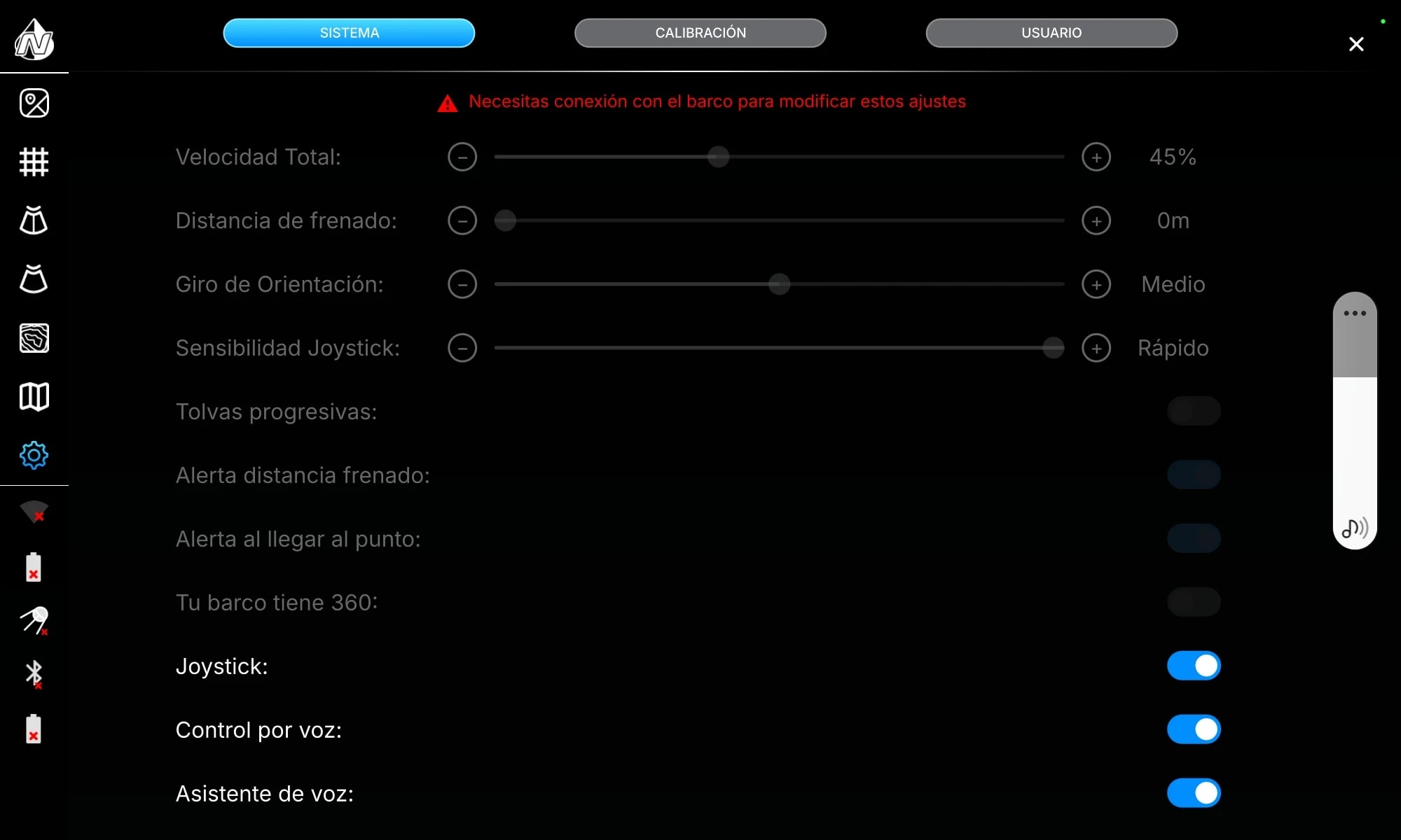 Panel de ajustes de la app Nuntius: velocidad, sensibilidad de joystick, control por voz y asistente de voz