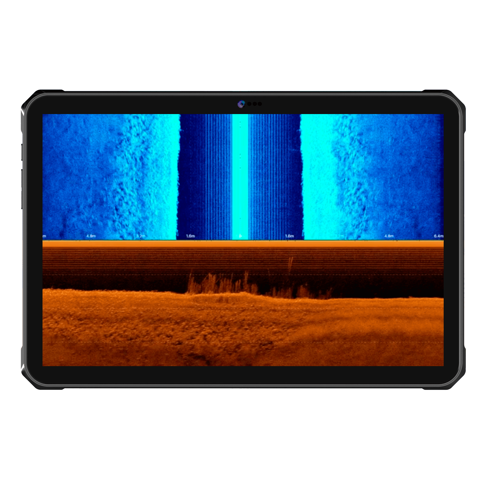 Tablet mostrando la sonda Horizon Mirror con side scan y down view simultáneos en pantalla dividida
