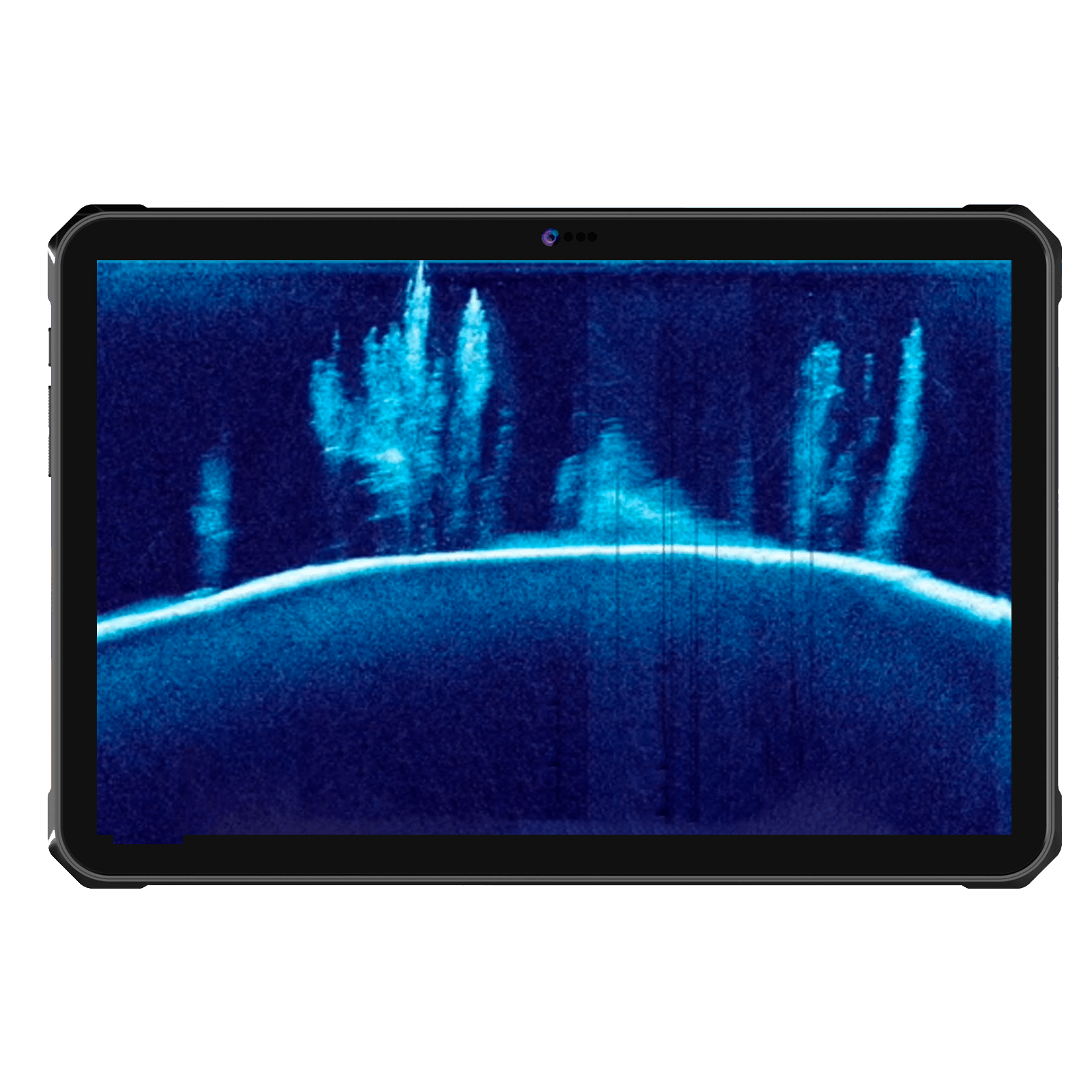 Tablet mostrando la lectura de la sonda Horizon Spectra: fondo con árboles sumergidos y poza